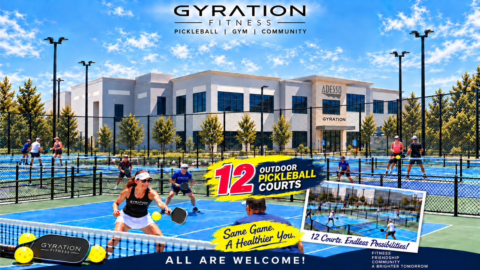 Gyration Fitness Center and its outdoor pickleball courts in bright California sunlight